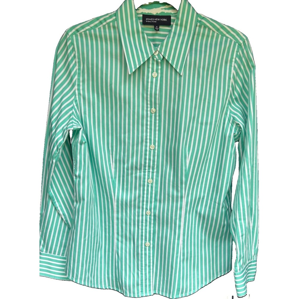 Jones New York Signature NWT Seafoam Green White Striped Button Shirt Medium M - Picture 4 of 11